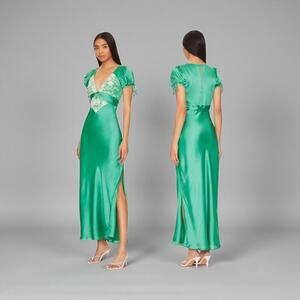 Free People Cooper Maxi Dress Size 10 Green Satin and Lace Short Sleeved